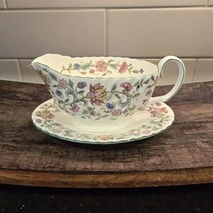 Vintage minton haddon hall floral chintz green trimmed swirl pattern gravy boat